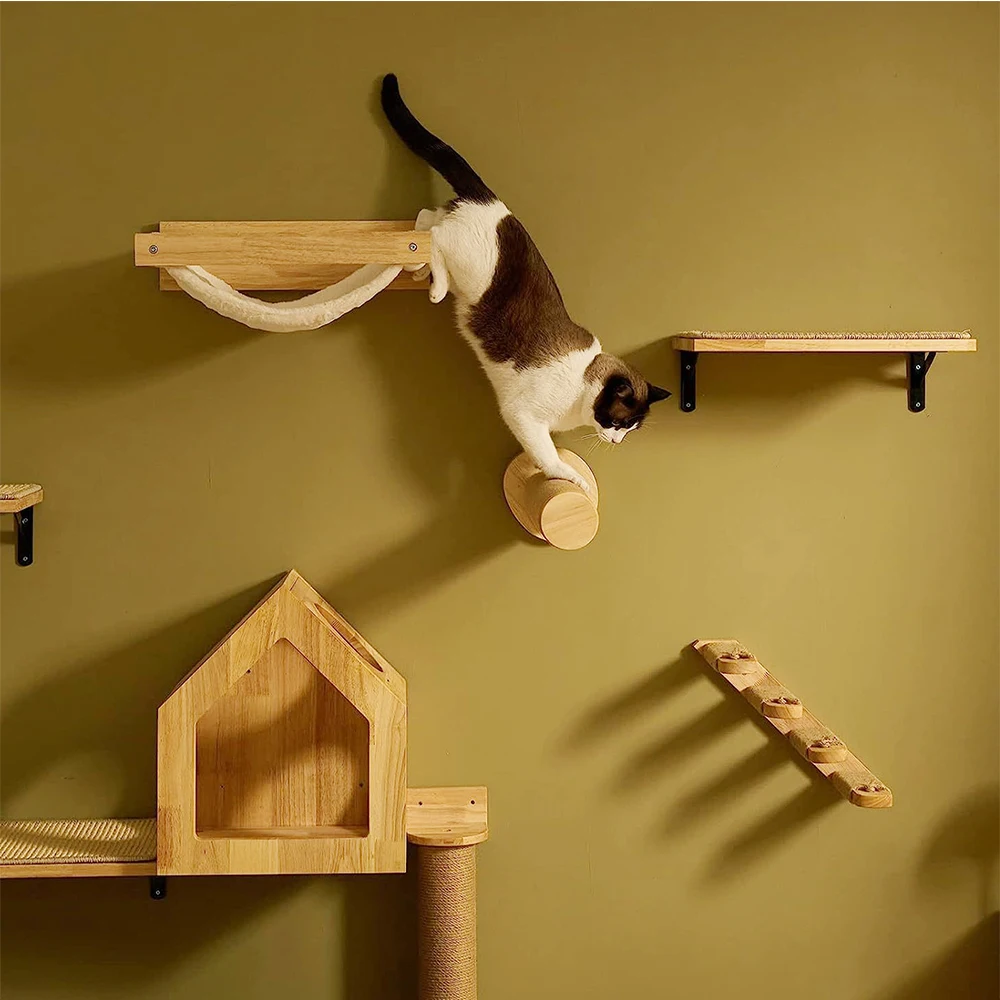 Marco de escalada montado en la pared para gatos, poste de rascado de Sisal, escalera curva, trampolín grande, hamaca para gatos, árbol para dormir, muebles para gatos - imagen 5
