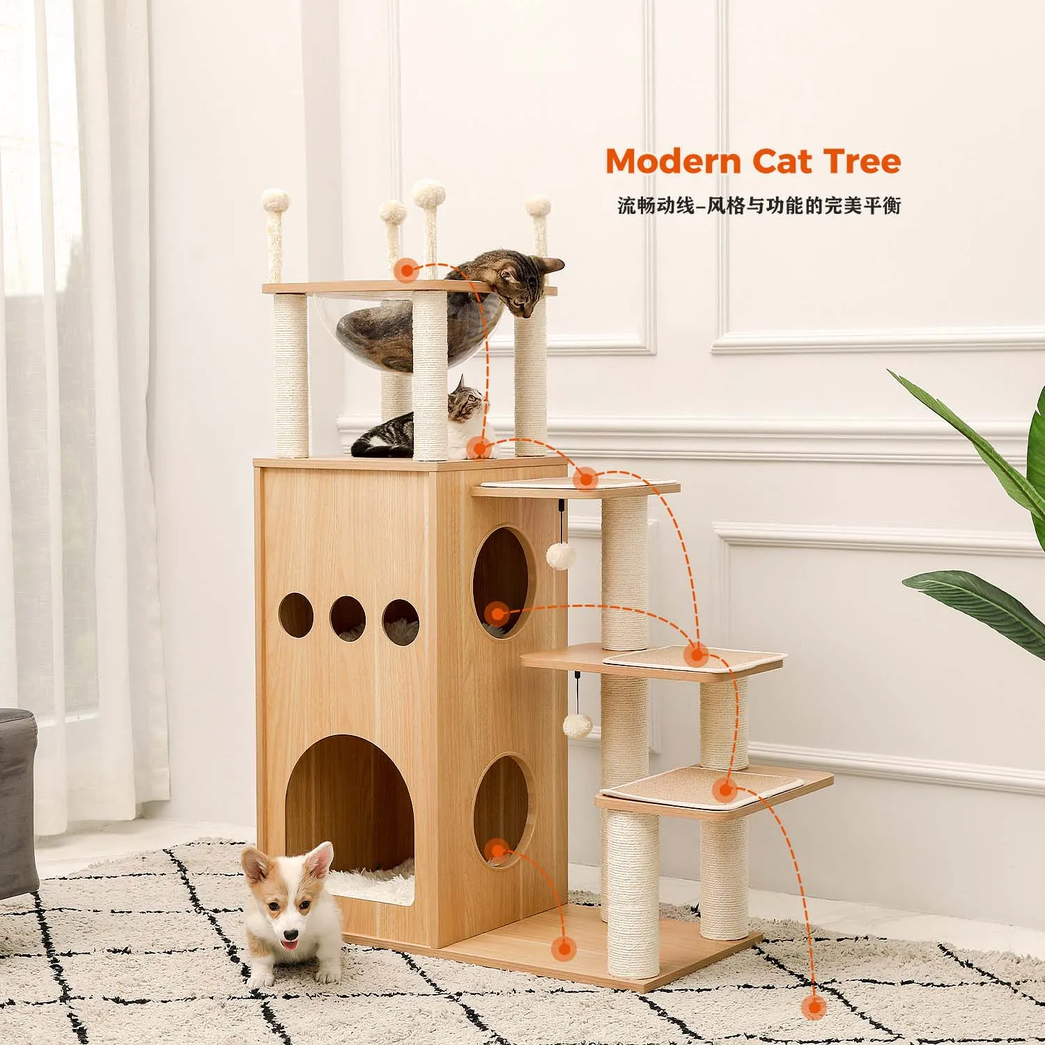 Árbol moderno para gatos grandes, torre de madera resistente con poste para rascar, condominio de gatos grandes para interiores, Castillo de Frisco resistente - imagen 2