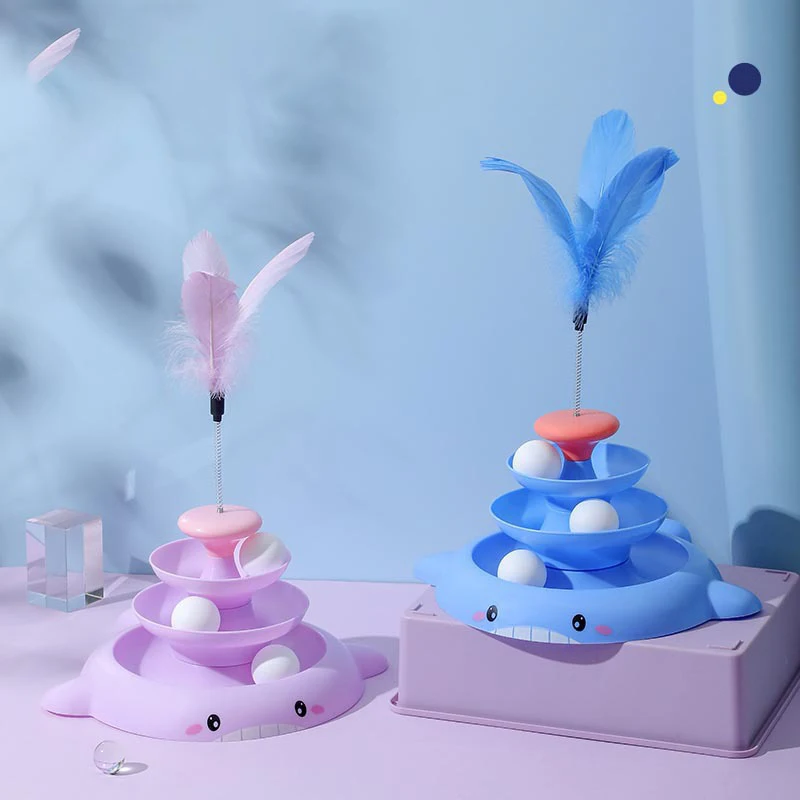 Juguete para gatos de 4 niveles, Torre giratoria, bolas de rodillo, juguetes autointeractivos para gatitos, diseño de ballena con plumas, palo divertido para gatos