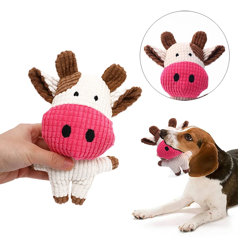 Juguete de perro de peluche para mascotas pequeñas y medianas, divertidos juguetes interactivos chirriantes, forma de vaca/cerdo, suministros de juguetes para masticar para perros de peluche - imagen 4