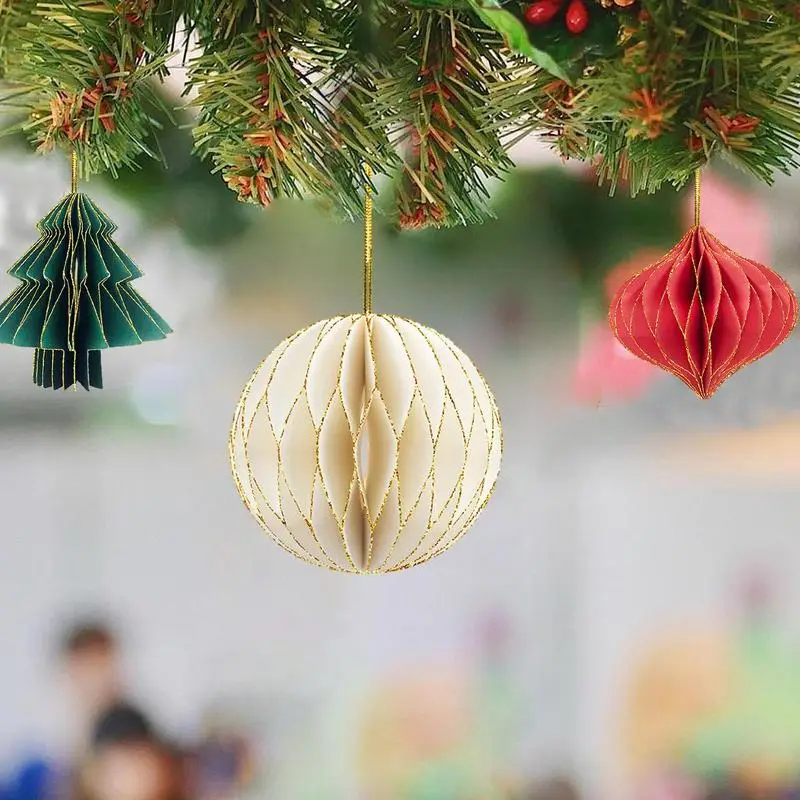Farol de papel para decoración navideña, colgante de panal rojo y blanco, 3 piezas, bonito árbol de Navidad para niños - imagen 3