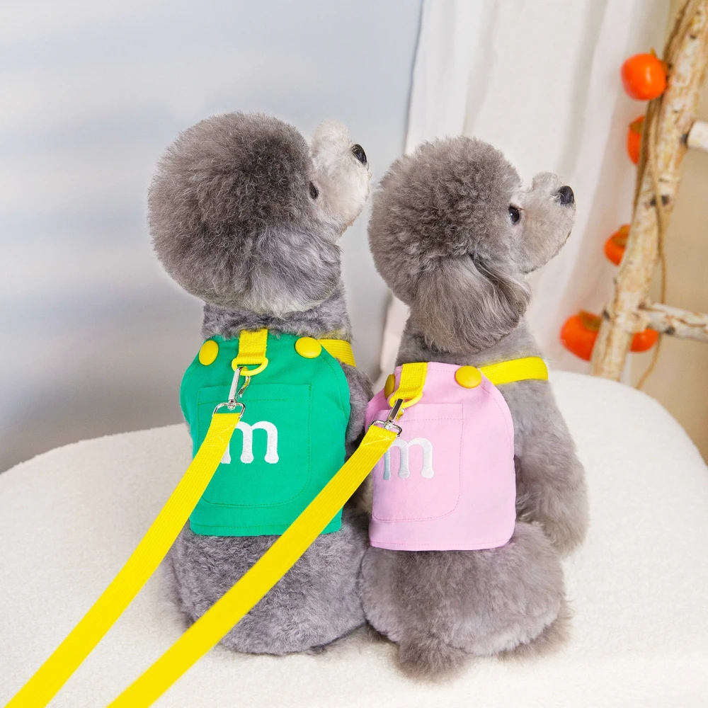 Ropa para mascotas con bordado de letras M, conjunto con arnés y correa: traje ligero y transpirable para perros pequeños y gatos en primavera y verano - imagen 4