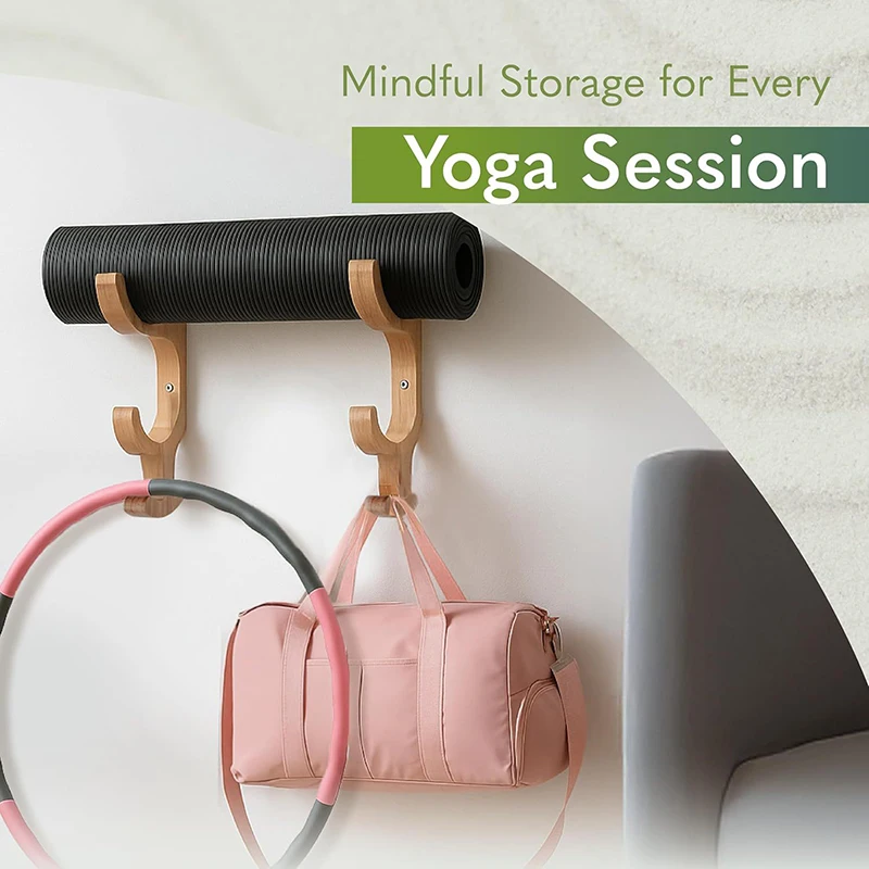 Soporte para esterilla de Yoga multifuncional de madera con 4 ganchos, estante para esterilla de Yoga, montaje en pared para aro de Fitness, banda de resistencia, cuerdas para saltar, gimnasio - imagen 3