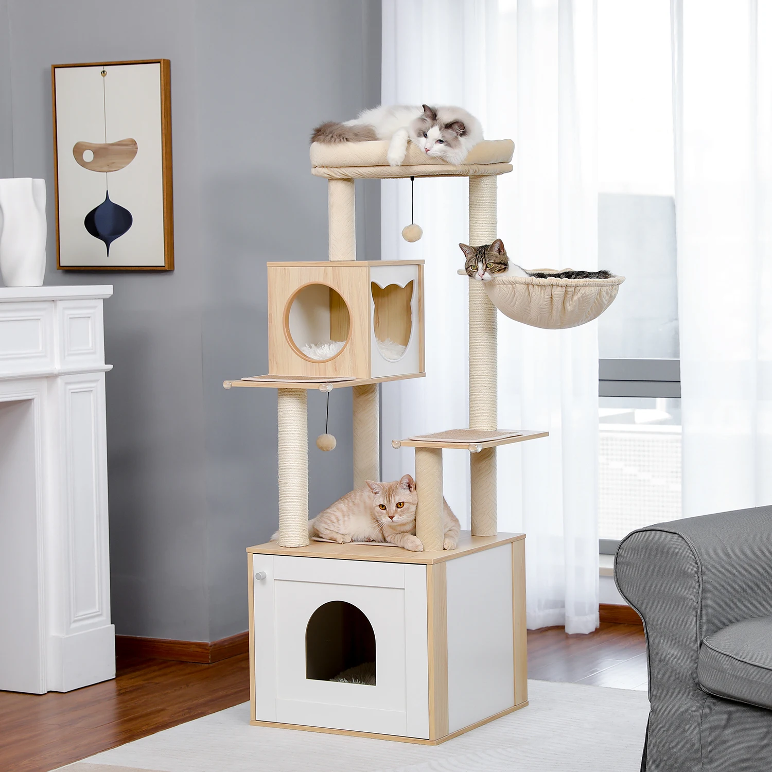 Árbol de lujo para gatos, torre multicapa, poste de rascado de Sisal Natural para felino, percha grande, nido, muebles de 3 colores - imagen 3