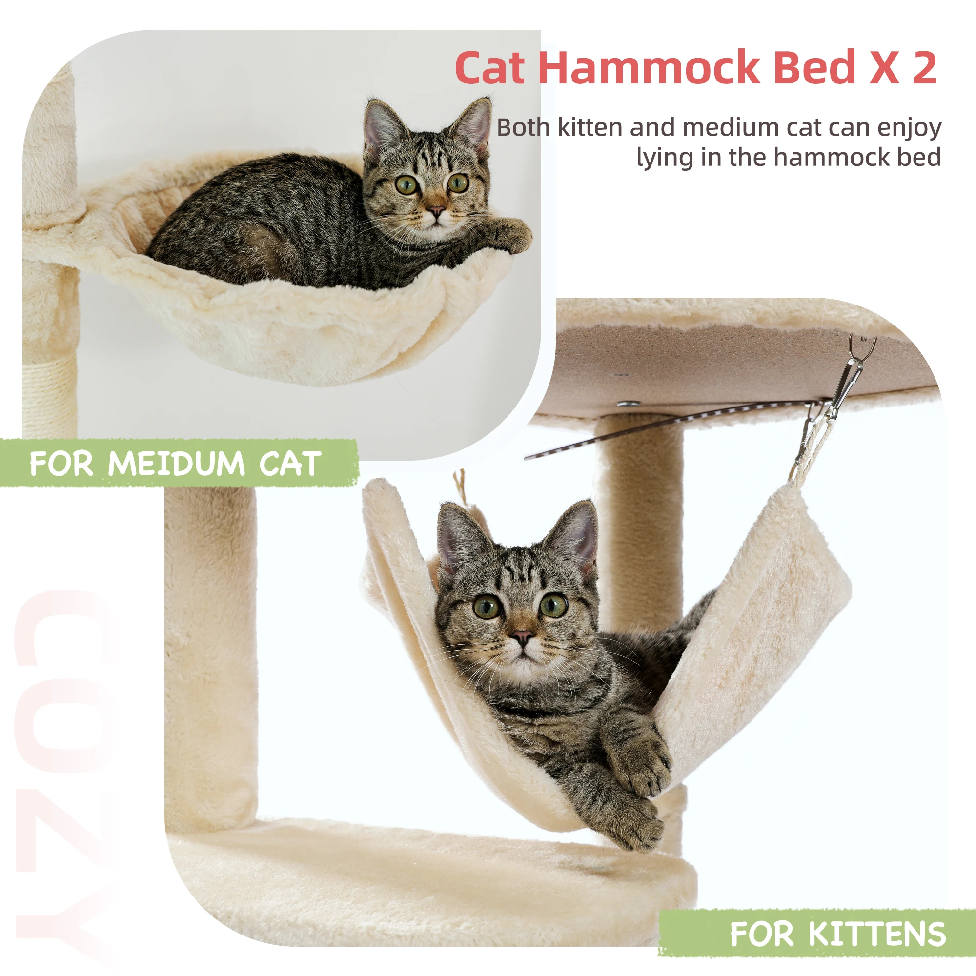Floor to Ceiling Cat Tree Adjustable Cat Tower Tall Kitty Climbing Play House with Scratching Posts Cozy Condo Perches Hammock - imagen 5