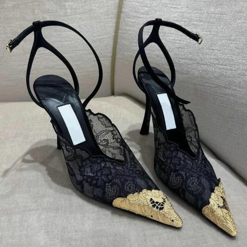 Sandalias slingback de tacón bajo con encaje y malla para mujer