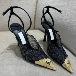 Sandalias slingback de tacón bajo con encaje y malla para mujer