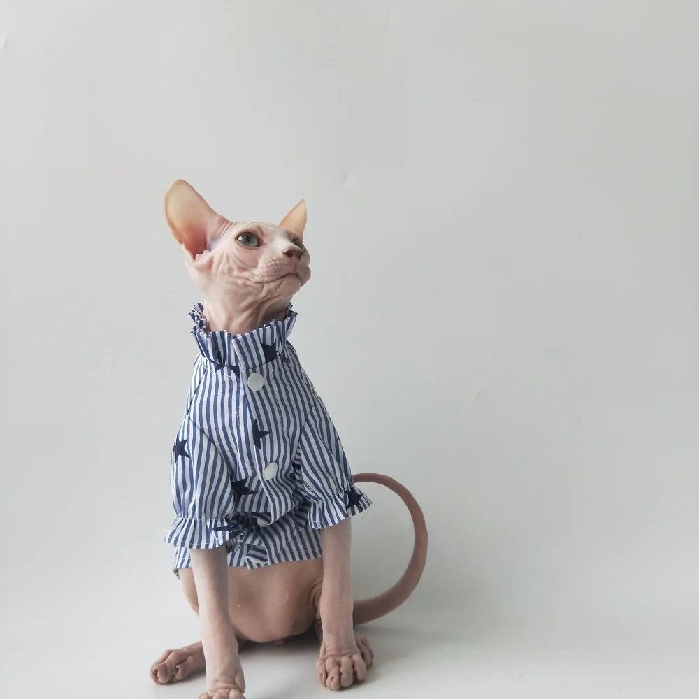 Camisa de estrella a rayas estilo caballero británico con corbata para Sphinx Cat Primavera Verano Camiseta de mangas de capullo de flor azul para gata - imagen 5