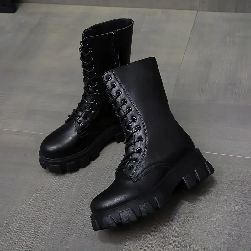 Botas de piel sintética con plataforma para mujer, botines góticos de combate Punk a media pantorrilla, color blanco, para otoño e invierno, 2024 - imagen 3