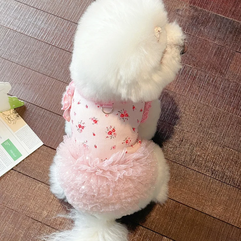 Falda Floral en capas de malla para mascotas, vestido con tutú para perros, falda de peluche para cachorros, falda de baile INS, ropa para mascotas, vestidos para perros pequeños