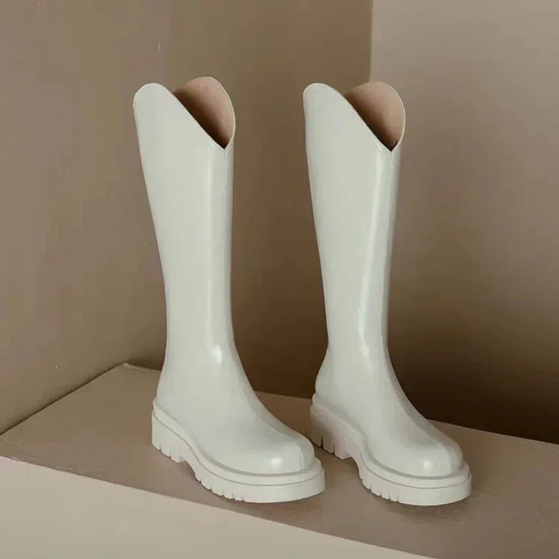 Botas de cuero hasta la rodilla para mujer, zapatos de tacón medio con cremallera, suela gruesa, Color sólido, tendencia de otoño, 2023 - imagen 4