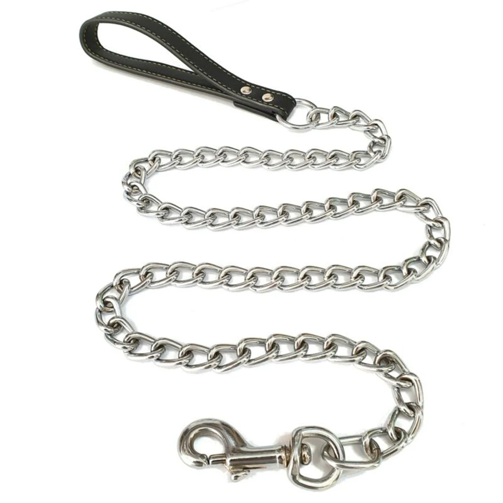 Correa de Metal duradera para perros pequeños y medianos, mango de PU, correa de cadena de hierro de cuero, cadena antimordida, accesorios para perros