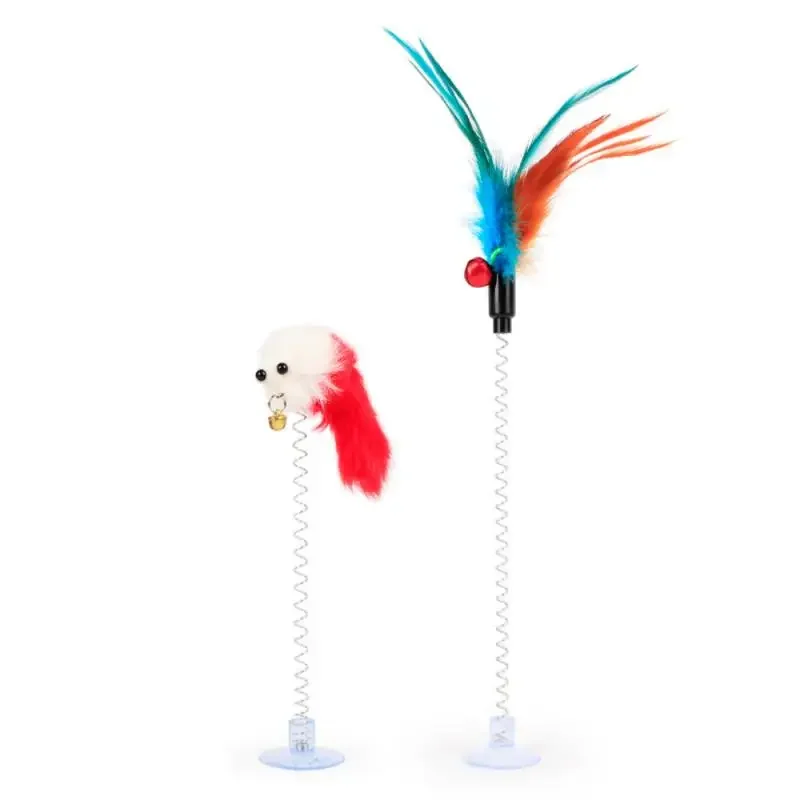 Juguete de primavera para mascotas, juguete interactivo divertido de succión para gatos, ratón elástico y ventosa inferior de plumas, suministros para mascotas, 1 ud. - imagen 4