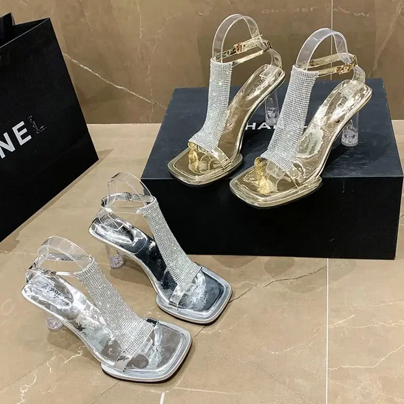 Zapatos de tacón alto transparentes para mujer, sandalias gruesas con diamantes de imitación, para verano, 2023 - imagen 4