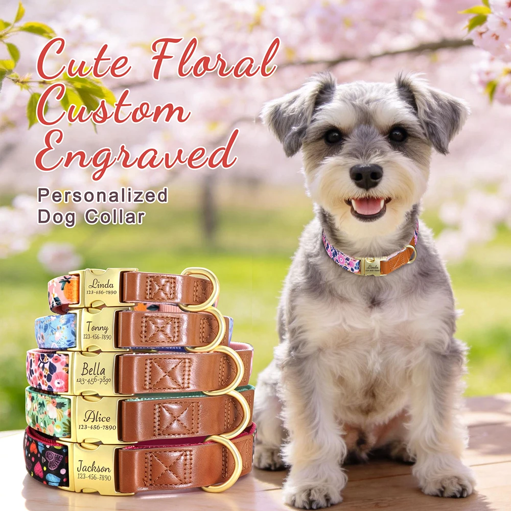 Collar para perro personalizado con grabado – Diseño floral nylon suave - imagen 4