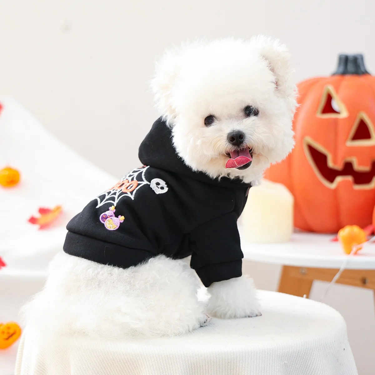 Disfraz de calabaza de Halloween para perro, tela de araña cosida, sudadera negra para cachorro pequeño y mediano, monos cálidos personalizados para Cosplay y gatos - imagen 2