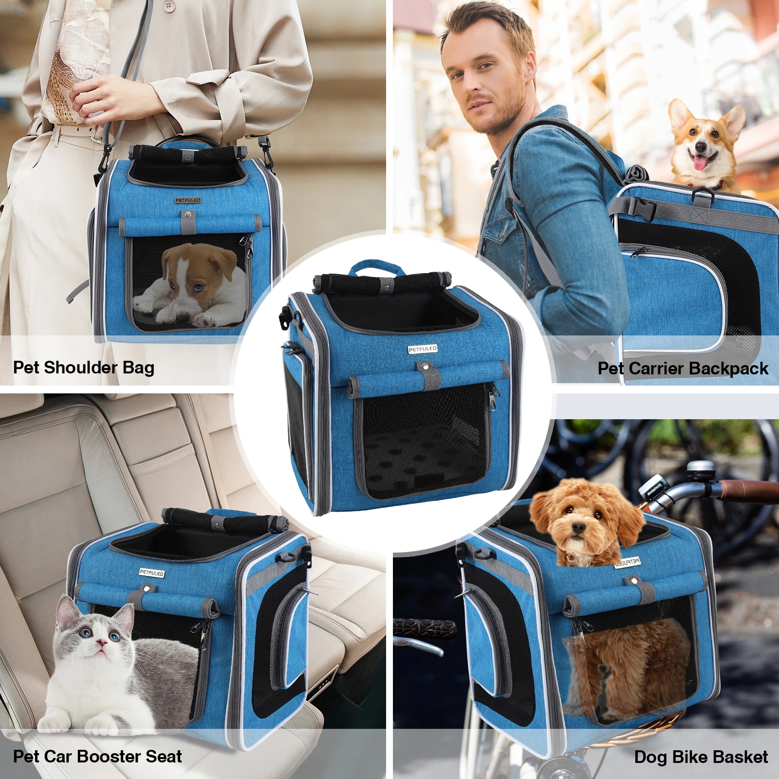 PETFULED-Cesta para bicicleta para perros o gatos, mochila transportadora para mascotas de lados blandos expandible con 4 puertas abiertas, portabicicletas plegable para perros, azul - imagen 4