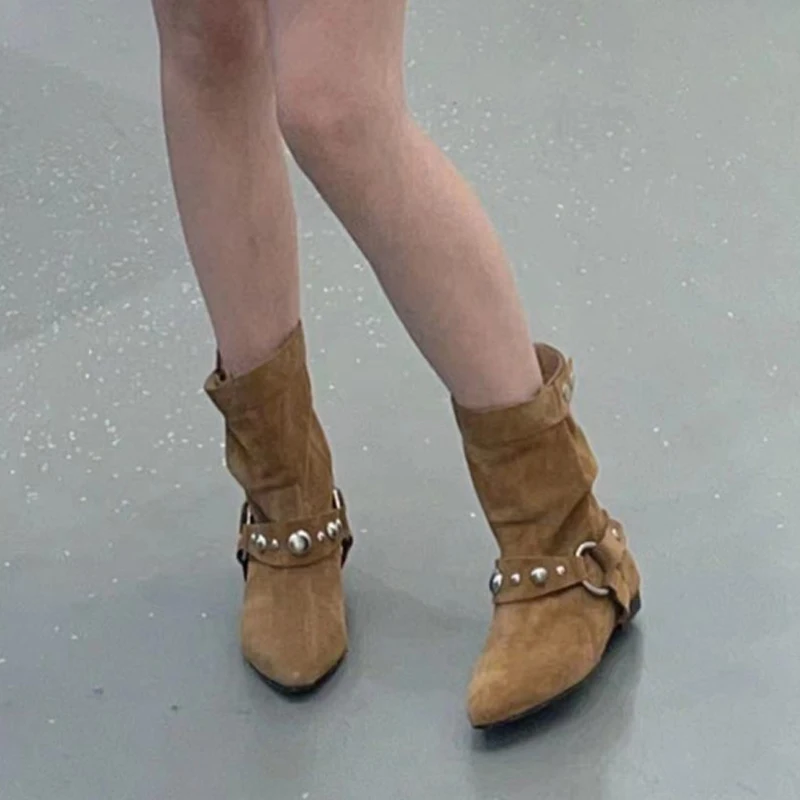Otoño Invierno botas occidentales marrones De Mujer moda cinturón De Metal remache hebilla Zapatos planos casuales botines De Mujer - imagen 5