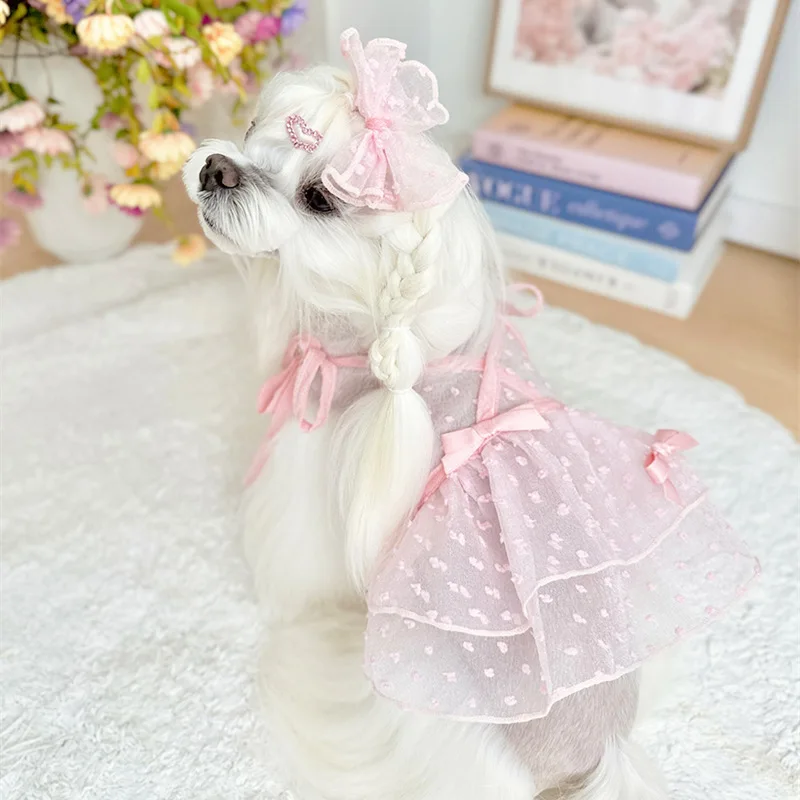 Vestido rosa para perro, vestido de encaje con volantes, transpirable, fresco, con capas para perros pequeños, trajes de fiesta de verano para niñas, ropa de Chihuahua maltesa - imagen 3