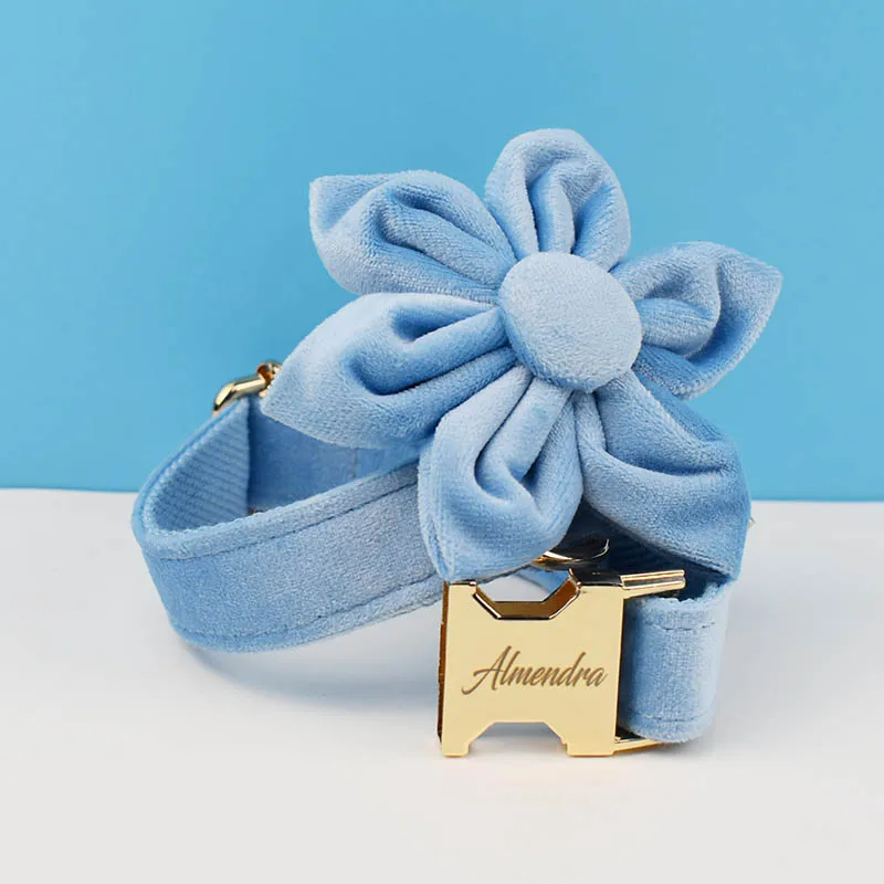 Juego de Collar y correa de terciopelo azul para perros pequeños, medianos y grandes, placa de identificación grabada personalizada, suministros para mascotas, correa para perros Velvet15 - imagen 4