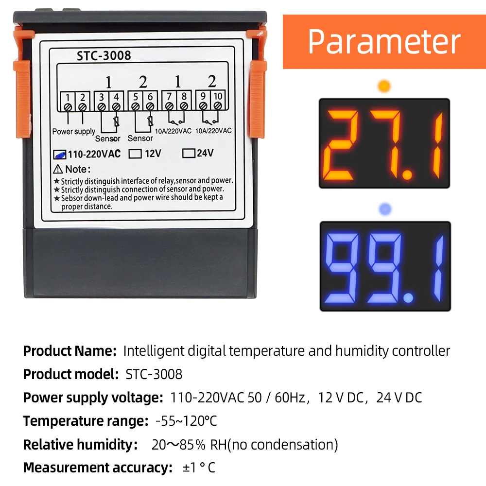 Controlador de temperatura de STC-3008, termorregulador de dos salidas de relé, termostato Digital Dual con enfriador de calentador, 12V, 24V, 110-220V