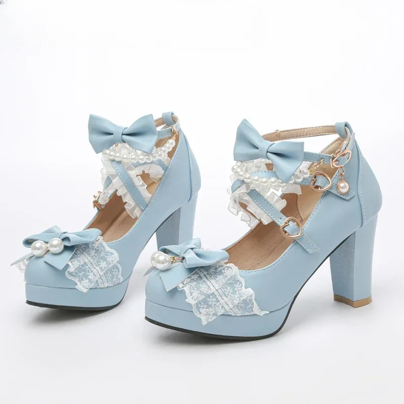 Zapatos de tacón alto con correa cruzada para mujer, zapatos de tacón Mary Jane para fiesta, boda, Cosplay, blanco, rosa, negro, lazo de fresa, Cosplay de princesa, zapatos Lolita