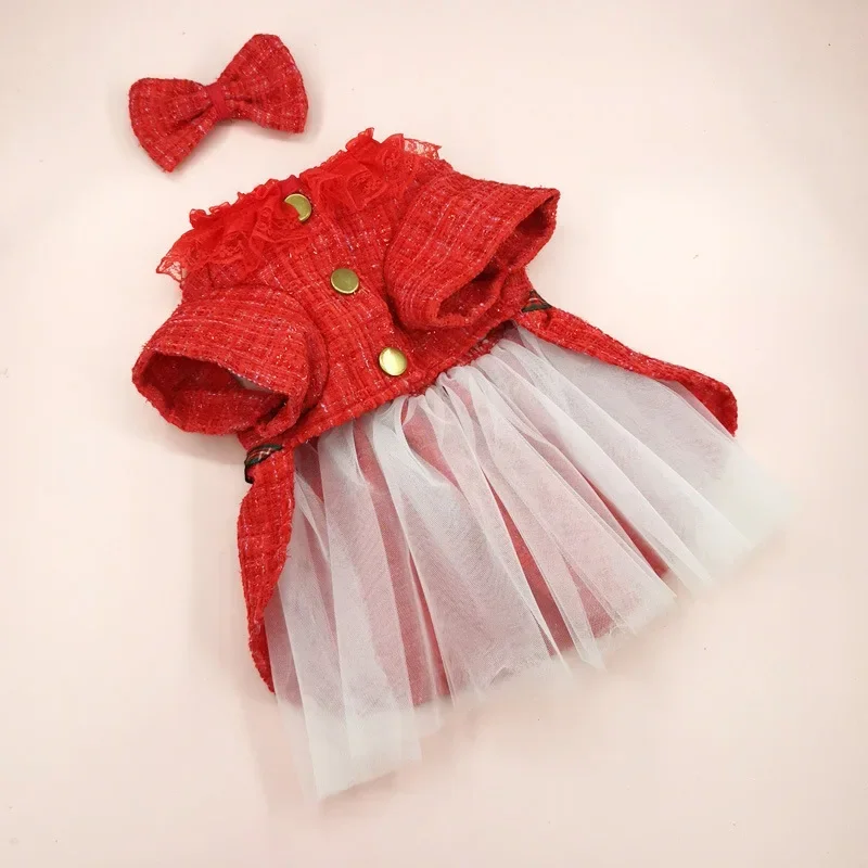 Falda de abrigo para mascotas, ropa para mascotas, vestido rojo de Navidad, falda de gasa de doble capa, cortavientos, pajarita para gatos, ropa para perros de diseñador - imagen 4