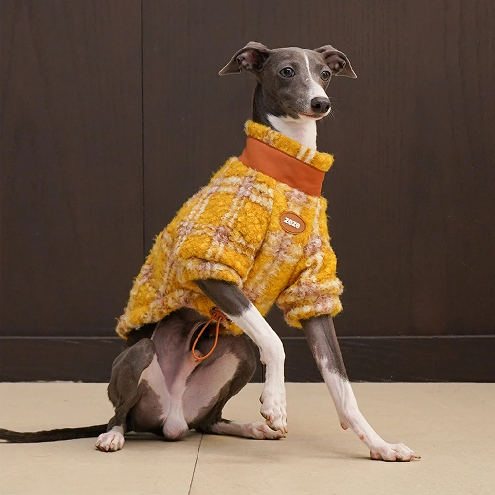 Ropa de lujo hecha a mano para galgo italiano en invierno, suéter a cuadros amarillo dorado para perros pequeños Whippet, abrigo cálido en otoño - imagen 2