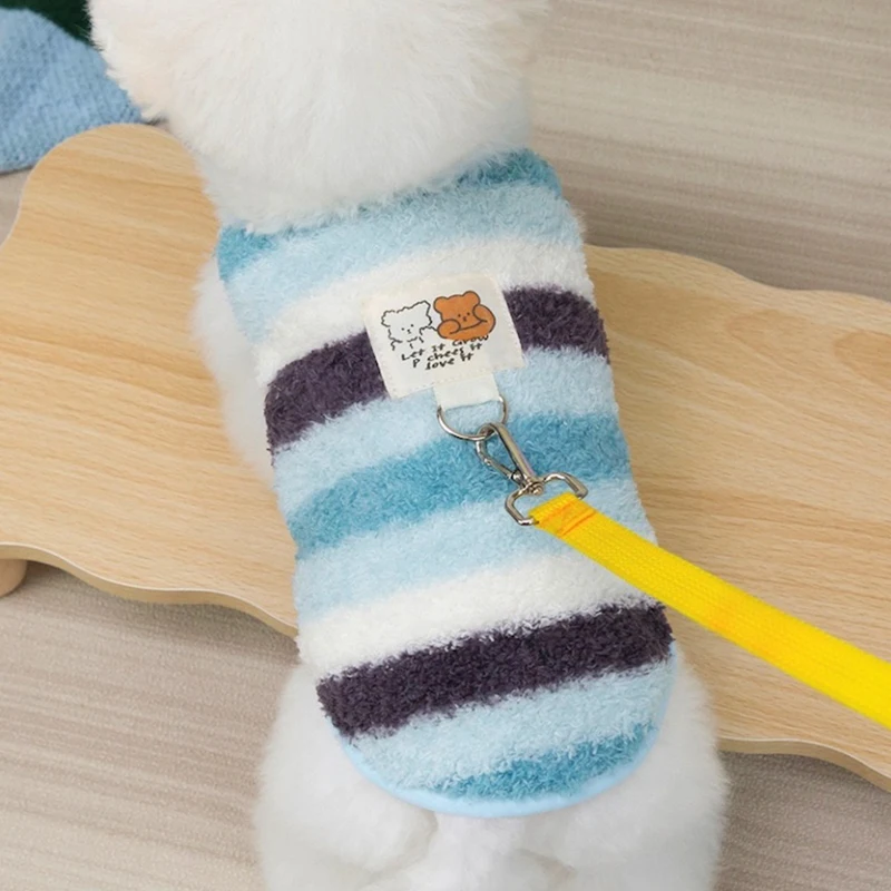 Chaleco de invierno esponjoso a rayas para Bulldog Francés, Chihuahua, ropa de gato de Color arcoíris, monos bonitos de retales de oso para mascotas - imagen 3