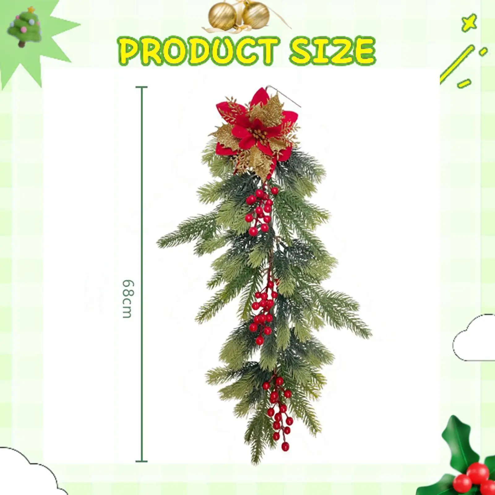 Artificial Christmas Teardrop Swag Hanging Garland 68cm Ornament Staircase Decoration for Fireplace Mantle Festival Stairs