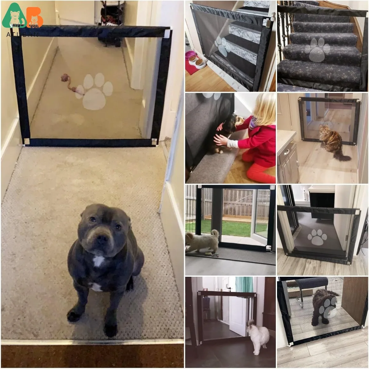 ATUBAN Gate para perros 39,3 "x 31,5" sin taladro/autoadhesivo, ajustable, para escaleras, puertas, dormitorio, cocina, puerta de malla para mascotas para pasillos