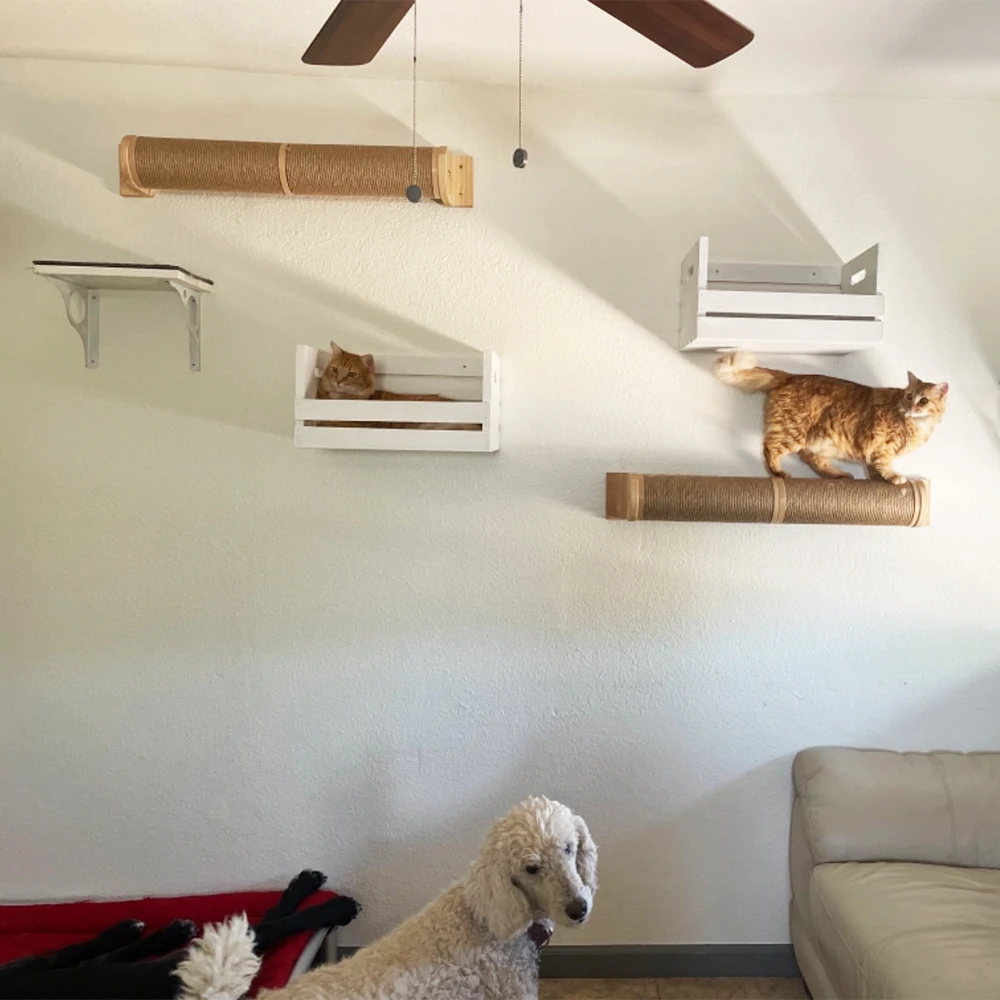 Árbol de actividades para gatos con poste rascador, tablero rascador de yute montado en la pared, hamaca de pino, accesorios para gatos adecuados para jugar - imagen 4