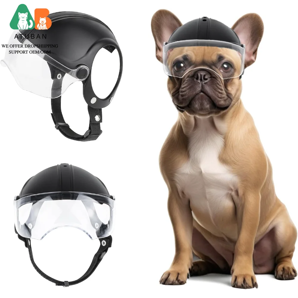Casco para perro ATUBAN con gafas transparentes anti-UV, casco de motocicleta para perros pequeños con orificios para las orejas, casco de ciclismo desplegable, sombrero ajustable - imagen 2