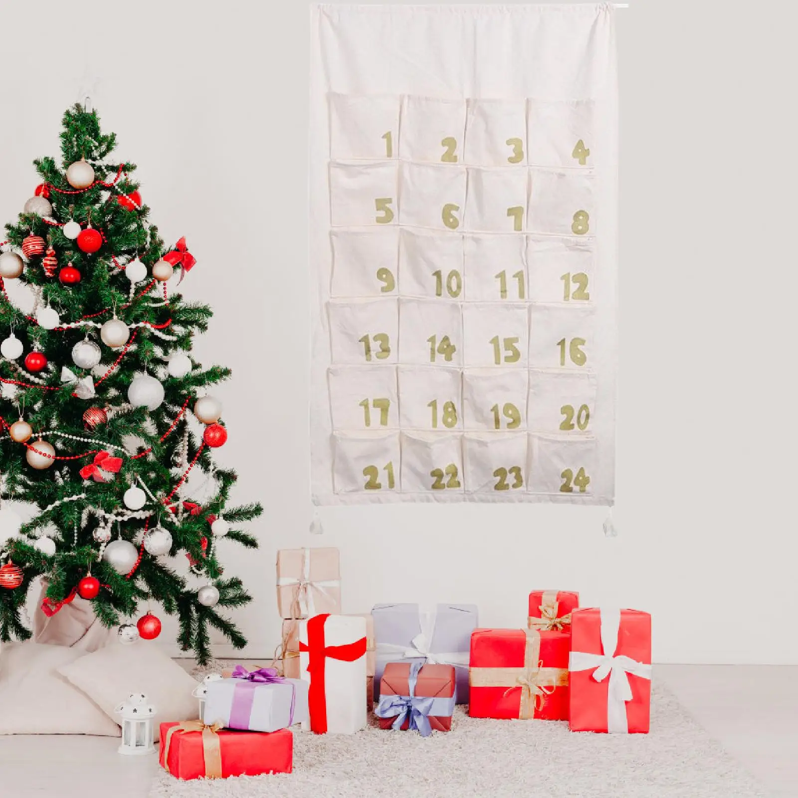 Christmas 24 Day Advent Calendar with Pockets Reusable Organizer Fireplace Housewarming Festival Storage for Thanksgiving