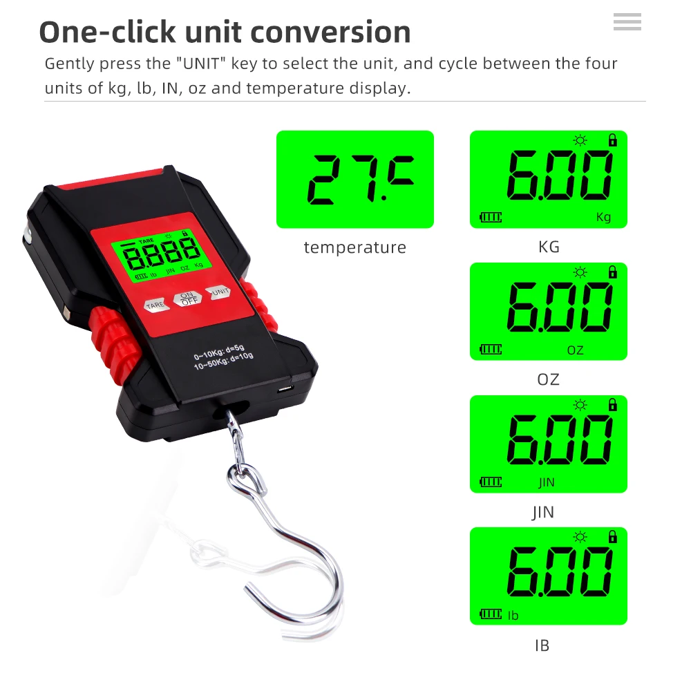Báscula colgante Digital impermeable de 50kg/5g, Mini báscula de gancho LCD, báscula de mano electrónica portátil, báscula de pesaje para equipaje de pesca - imagen 5