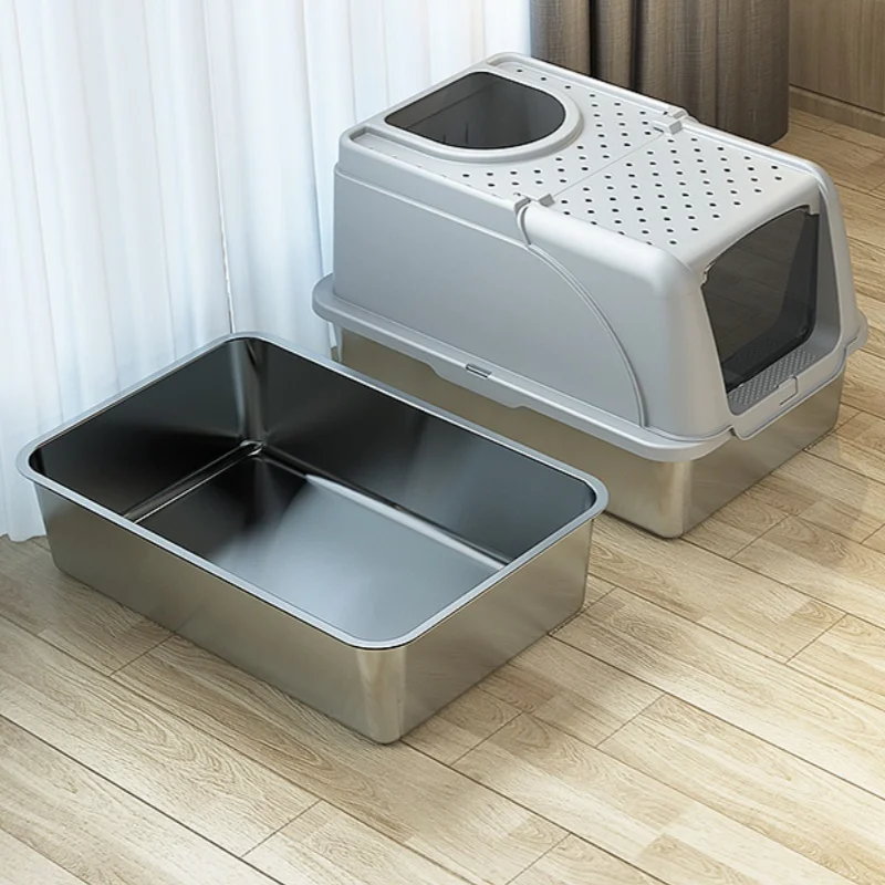 BOOTEELY, nueva caja de arena para gatos de acero inoxidable con concha para mascotas, inodoro para gatos, fondo alto a prueba de salpicaduras, suministros para gatos - imagen 4