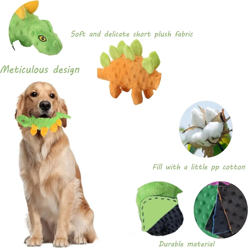 Juguetes de dinosaurio de peluche chirriantes para perros, juguetes interactivos indestructibles, relleno de felpa, suministros para mascotas, juguetes molares para masticar perros pequeños - imagen 4