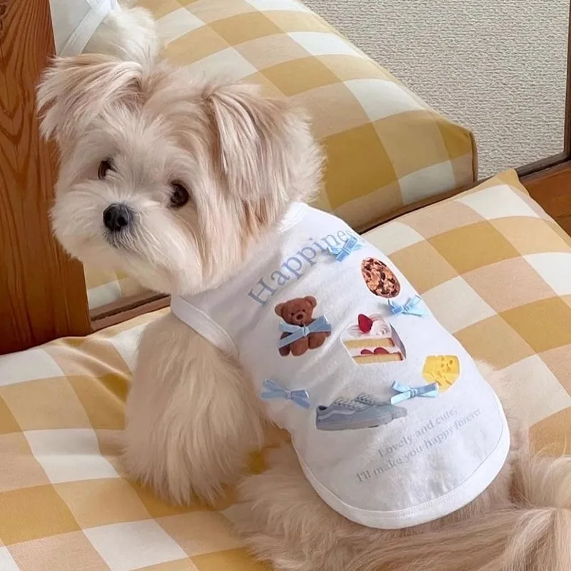 Nueva ropa de algodón suave para perros, chalecos decorativos con lazo y estampado de dibujos animados para gatos, sudadera Unisex de verano, monos para cachorros pequeños