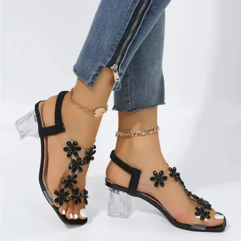 Sandalias de verano para mujer, decoración de flores de cristal de Pvc, tacón grueso, punta abierta, correa trasera, banda elástica, zapatos elegantes de moda para mujer - imagen 4