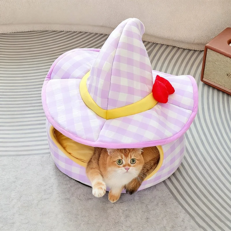 BOOTEELY Sombrero morado Nido Casa para gatos Nido de invierno cerrado de felpa cálido Acogedor cojín extraíble lavable Fondo antideslizante Interior - imagen 3