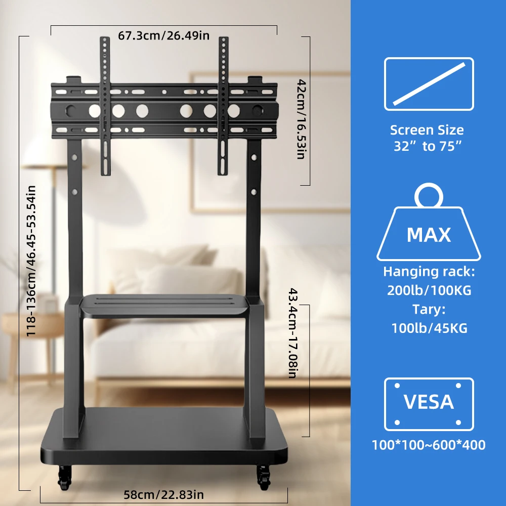 Carro de TV móvil de alta resistencia: soporte rodante para televisores de 32-75", ruedas de bloqueo y altura ajustable, máximo VESA 600x400 mm, 80 kg/176 lb - imagen 3