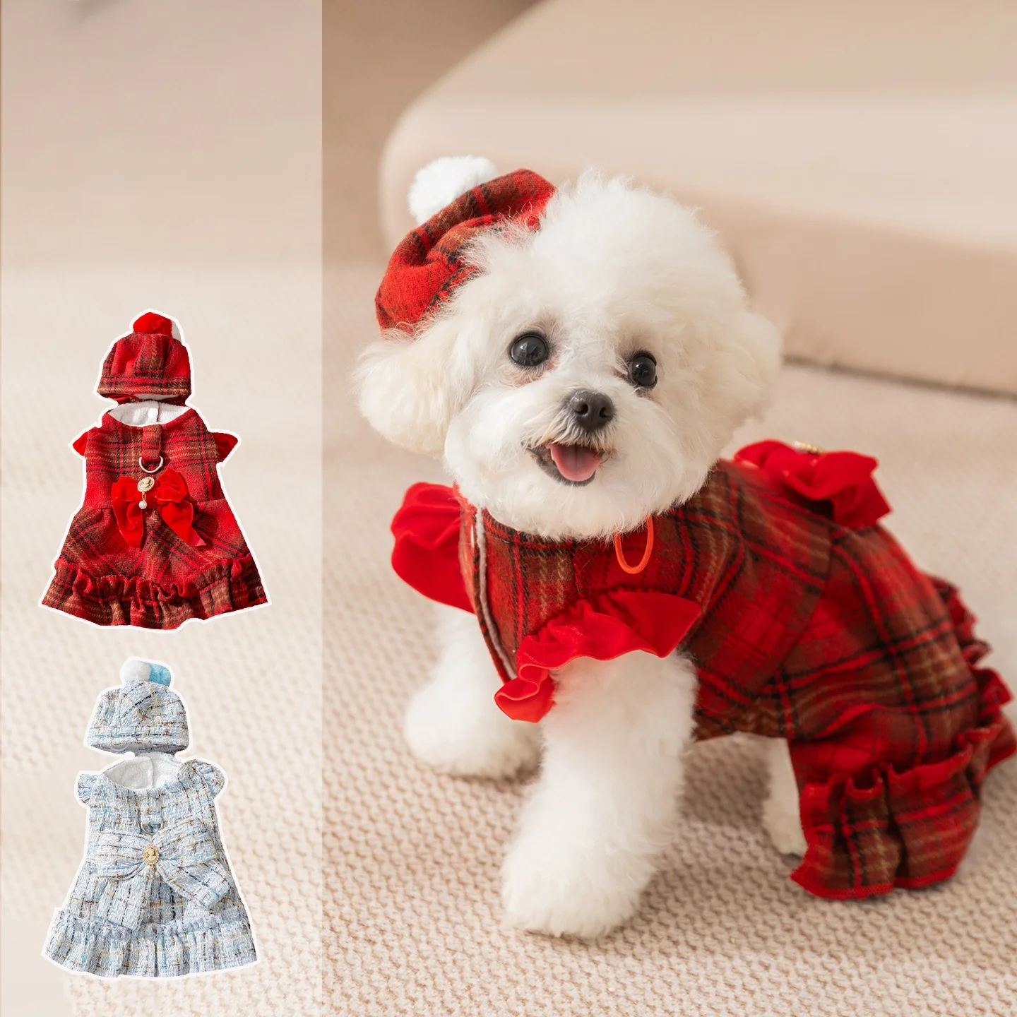 Ropa navideña de invierno para perros, vestido con arnés con capucha y lazo rojo para perros pequeños, Año Nuevo festivo para Bichon