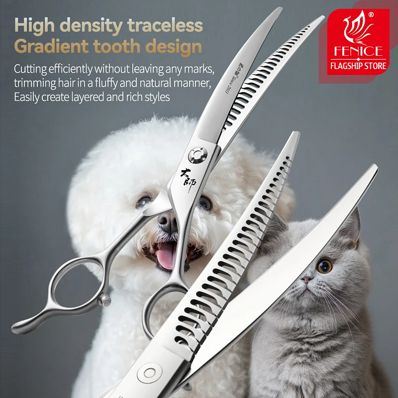 Fenice JP440C tijeras de peluquería para mascotas curvadas con dientes inversos de 7 pulgadas, tijeras mágicas de peluquería para perros con tornillos de rodamiento 60-70% - imagen 3