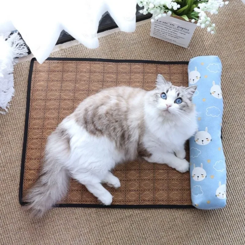 Esteras para dormir transpirables de verano para mascotas, almohadilla refrescante tejida de mimbre para gatos, suministros de disipación de calor para cachorros y gatitos, estera de cama suave para perros - imagen 5
