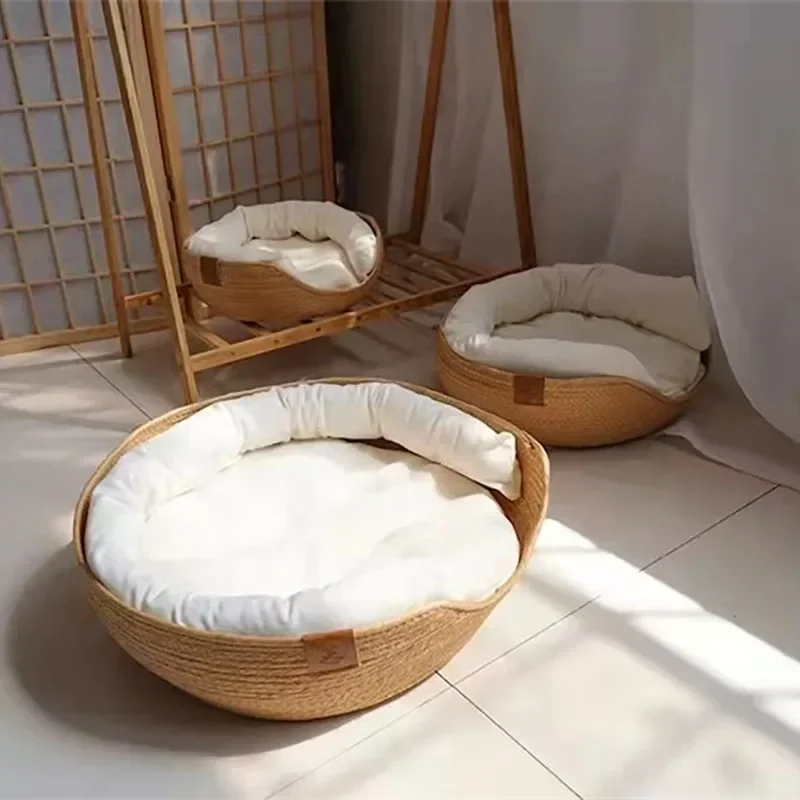 OUZEY-cama tejida de mimbre hecha a mano para gatos, cómodo para dormir, cestas transpirables para gatos, cojín de escritorio para cachorros y gatitos de gran capacidad - imagen 4