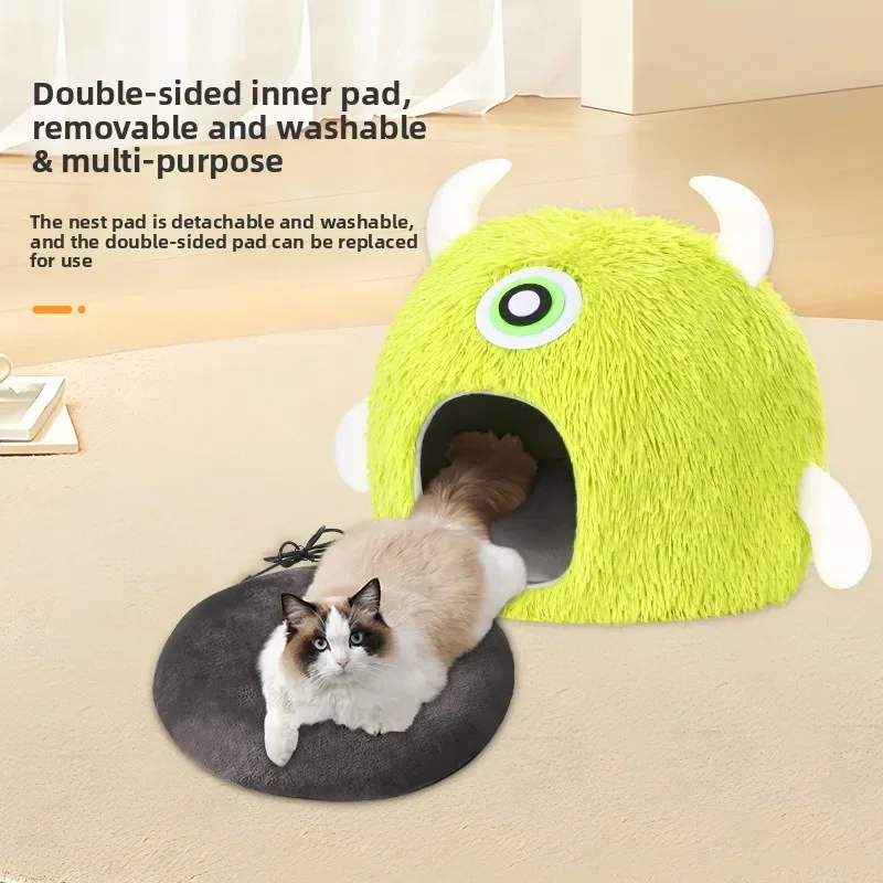 Control de temperatura USB de 3 velocidades, cama para mascotas con calefacción termostática 3D para gatos/perros, forma de piña/monstruo, estera lavable extraíble - imagen 5
