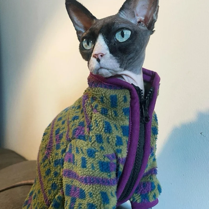 Sphyinx Cat Otoño e invierno Forro polar austriaco Chaqueta verde cálido Cárdigan con cremallera Ropa de gato Abrigo morado grueso para Devon Rex