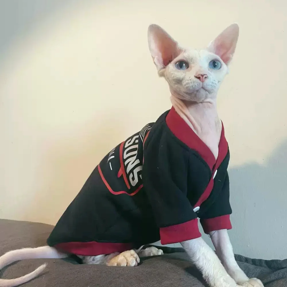Abrigo de cárdigan de invierno raglán de manga larga de algodón cepillado negro rojo para sudadera del alfabeto de dibujos animados del gato Devon Rex Sphinx en primavera