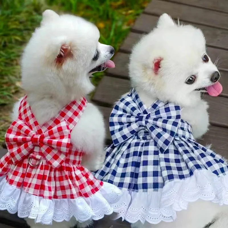 Vestido a cuadros rojo de Navidad para mascotas, ropa para perros, chaleco con lazo a cuadros para mascotas de verano para gatos, se puede tirar hacia fuera la parte superior para perros pequeños - imagen 3