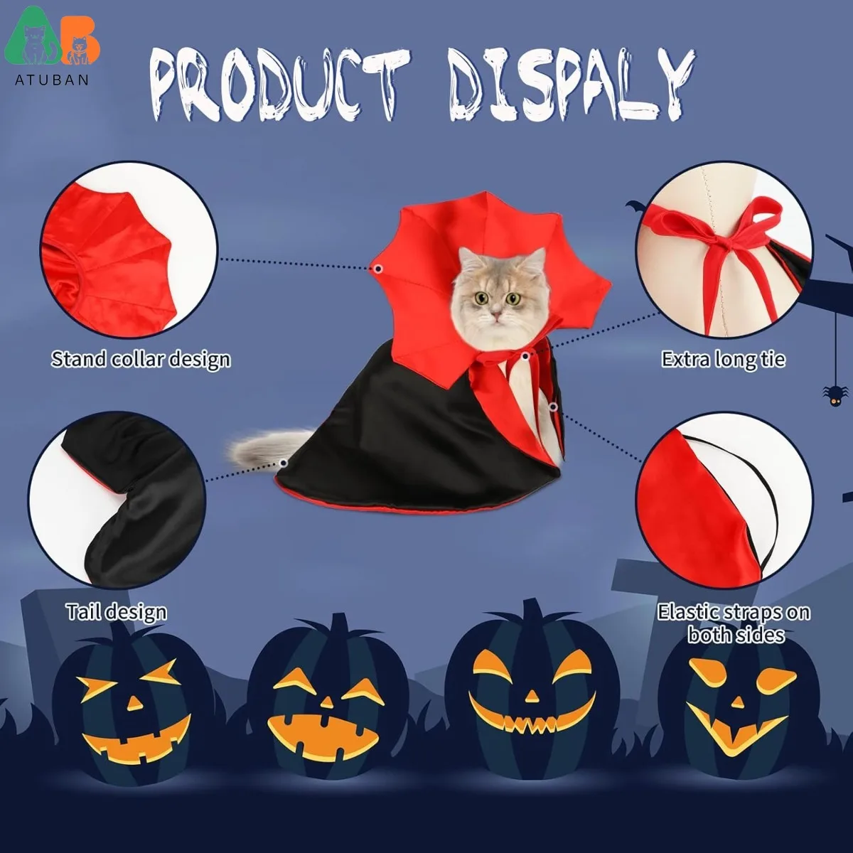 Atuban Katze Vampir Umhang lustige Hund Halloween Kostüme Hund Mantel Kleidung Haustier Kleidung Vampir Umhang für Katze Welpen kleinen Hund - imagen 3